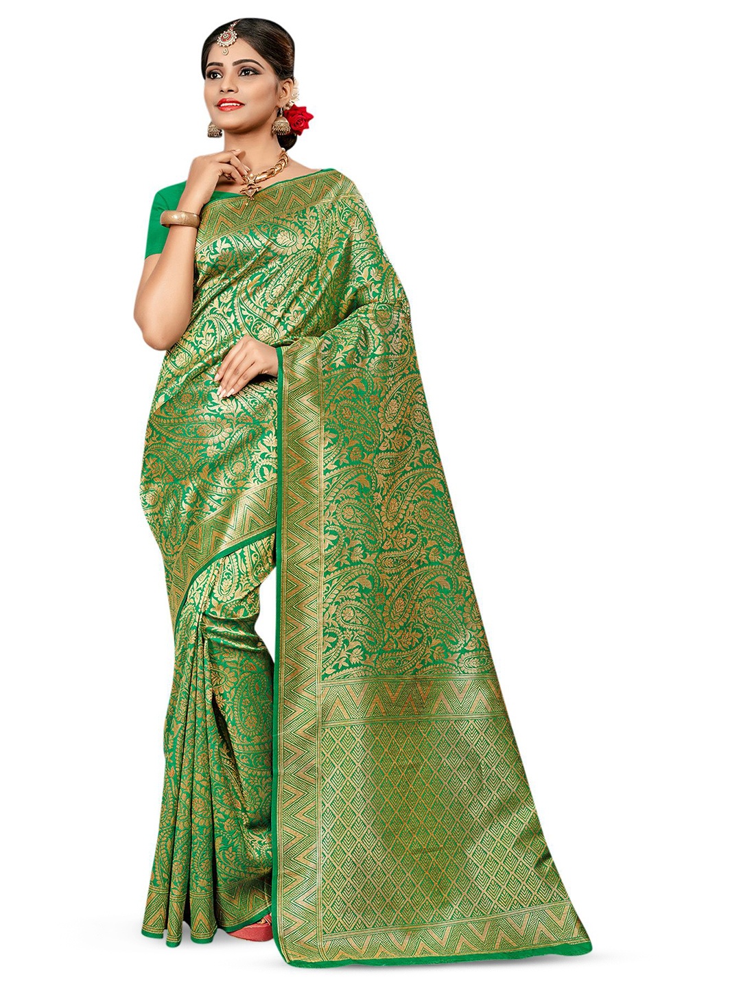 

Maroosh Ethnic Motifs Woven Design Zari Banarasi Saree, Green