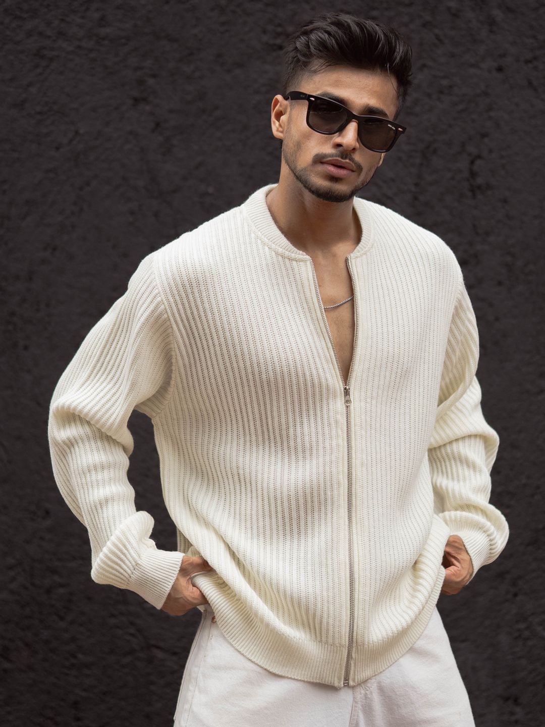 

Powerlook Men Collarless Vertical Striped Casual Shirt, Off white