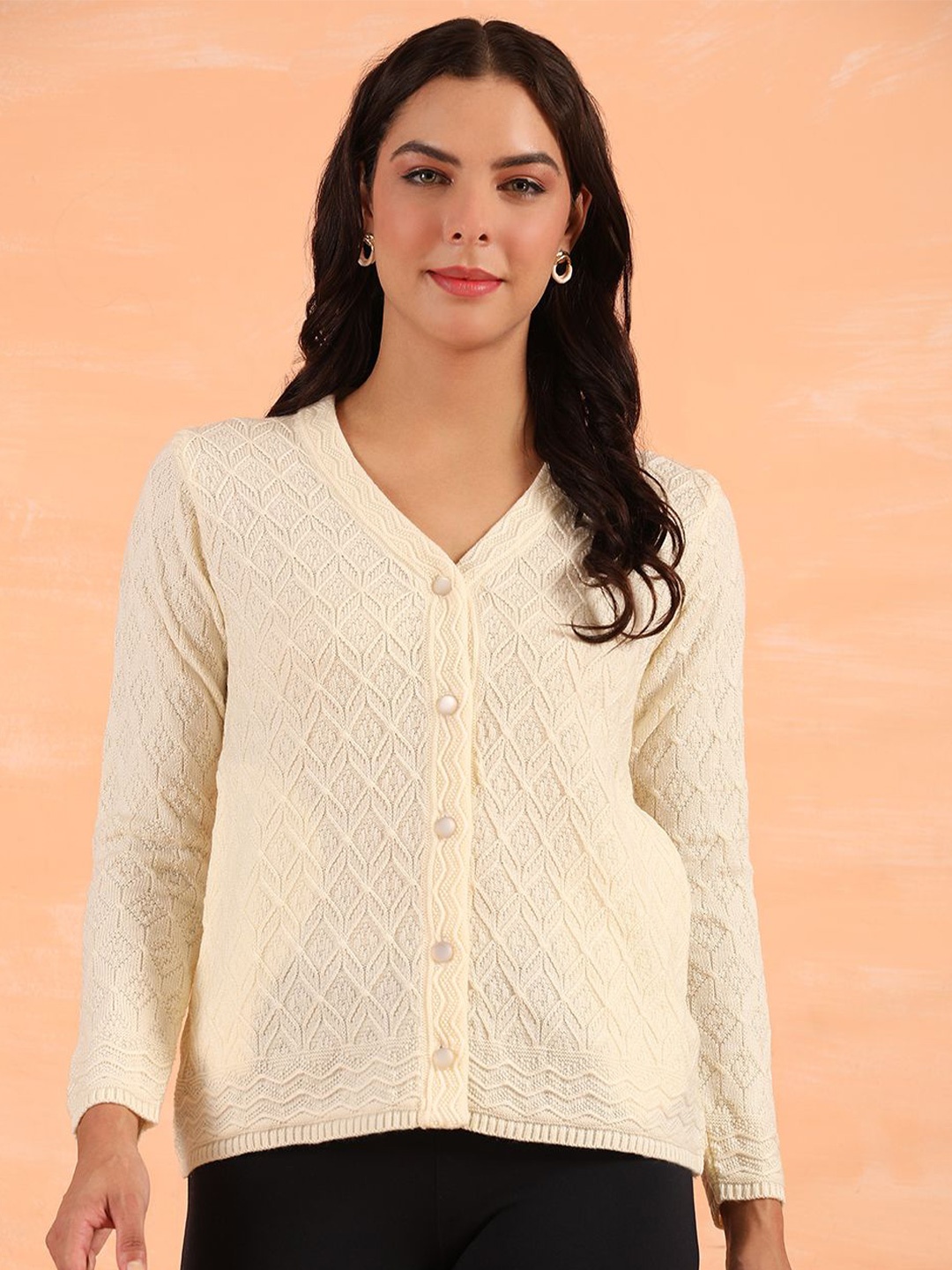

Cayman Women Self Design Cable Knit Woollen Cardigan Sweater, Cream