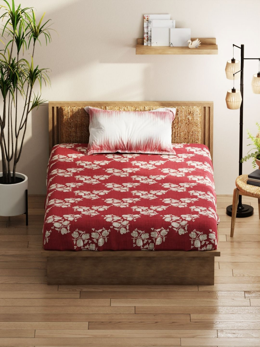 

KOPA Burgundy & White Floral 152 TC Queen Bedsheet with 2 Pillow Covers
