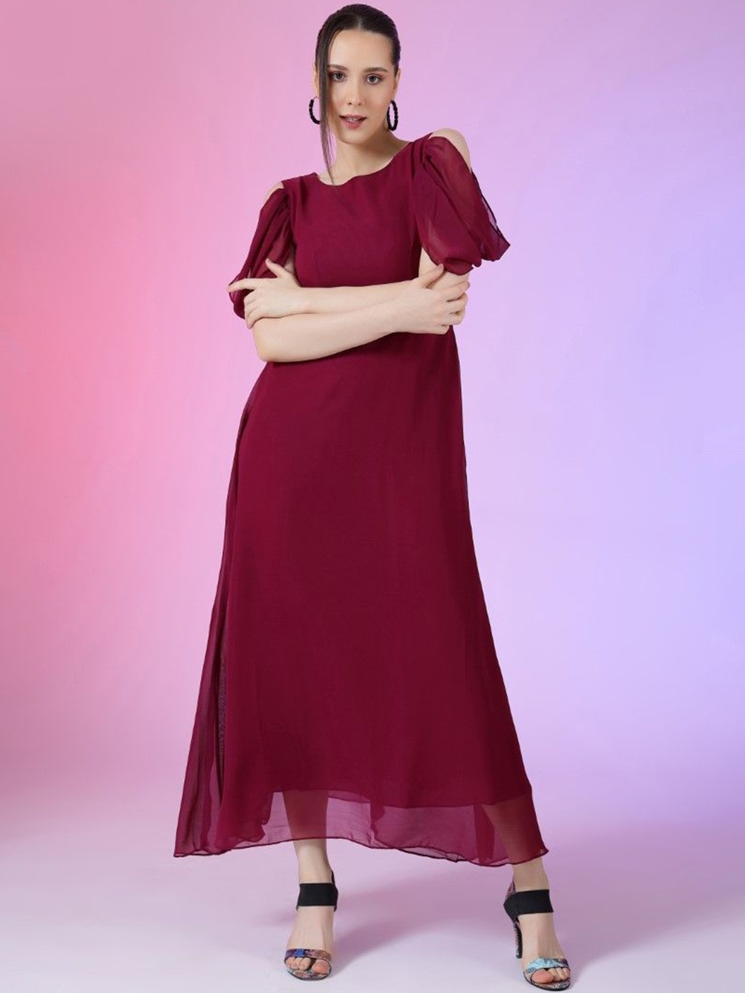 

Femvy Georgette Solid Cut-Outs Sleeves Maxi Dress, Magenta