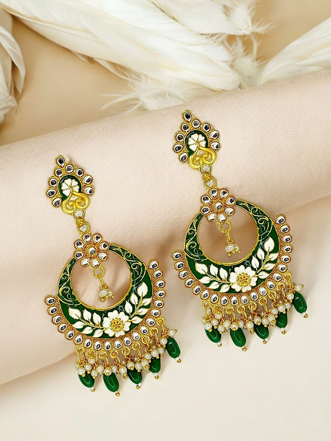 

9blings Gold Plated Kundan Studded Crescent Shaped Chandbalis, Green