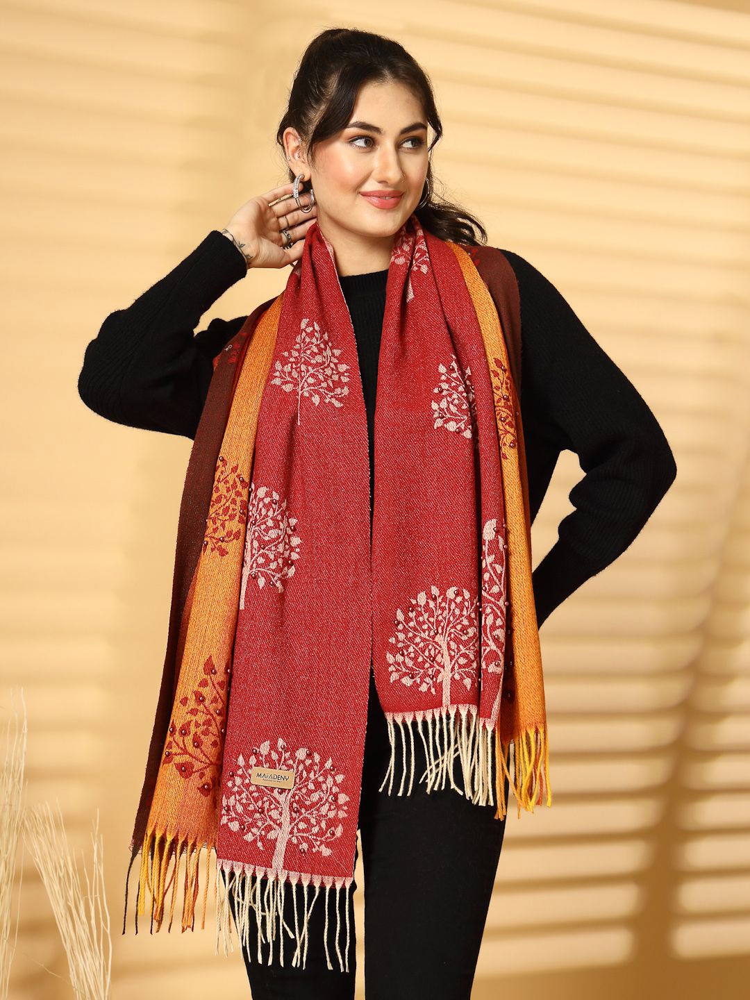 

Mafadeny Women Woven Design Stole, Red