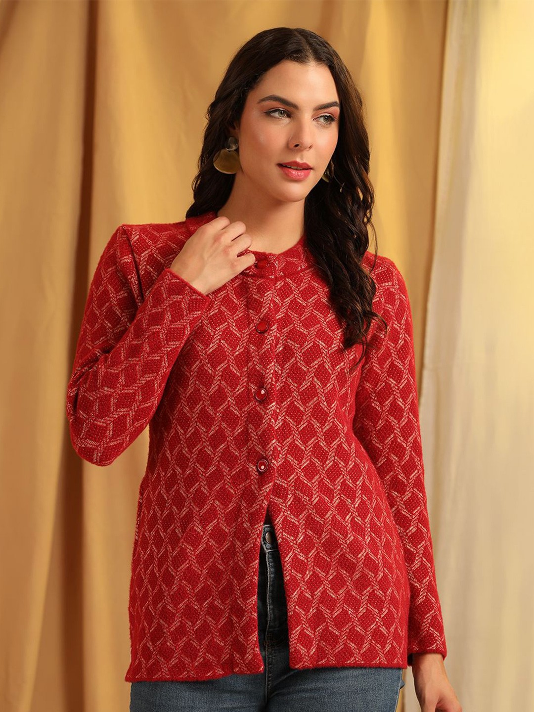 

Cayman Women Self Design Henley Neck Geometric Printed Woollen Cardigan Sweater, Red
