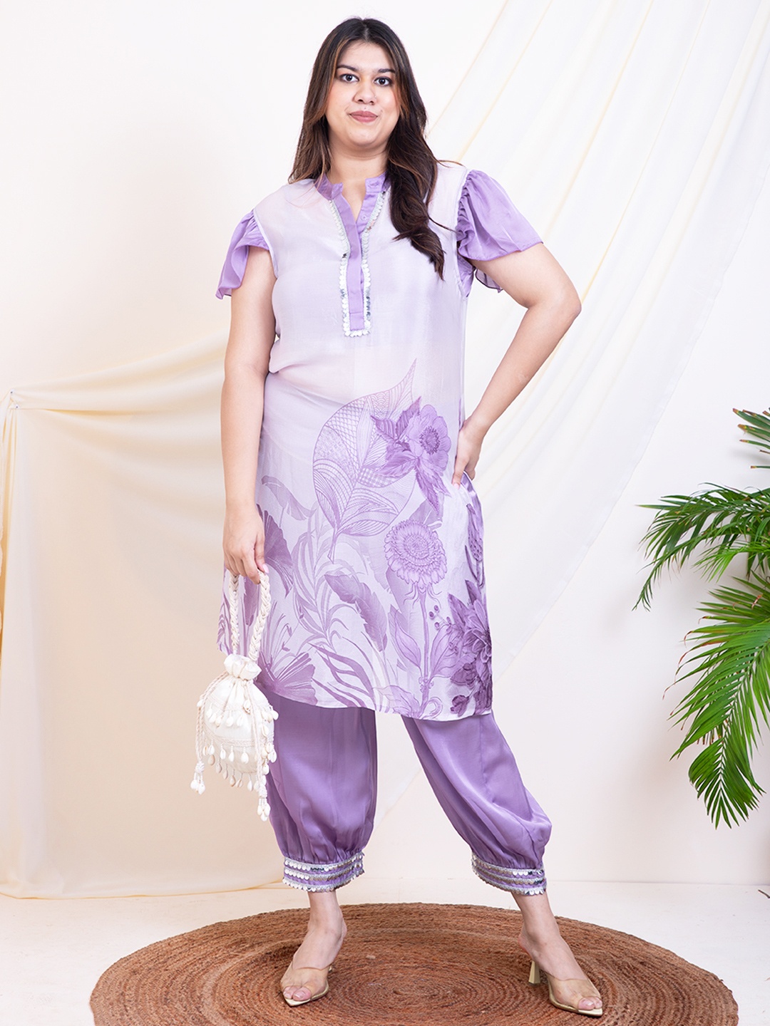 

DEEBACO Floral Printed Tunic & Trouser With Inner Top Co-Ords, Lavender
