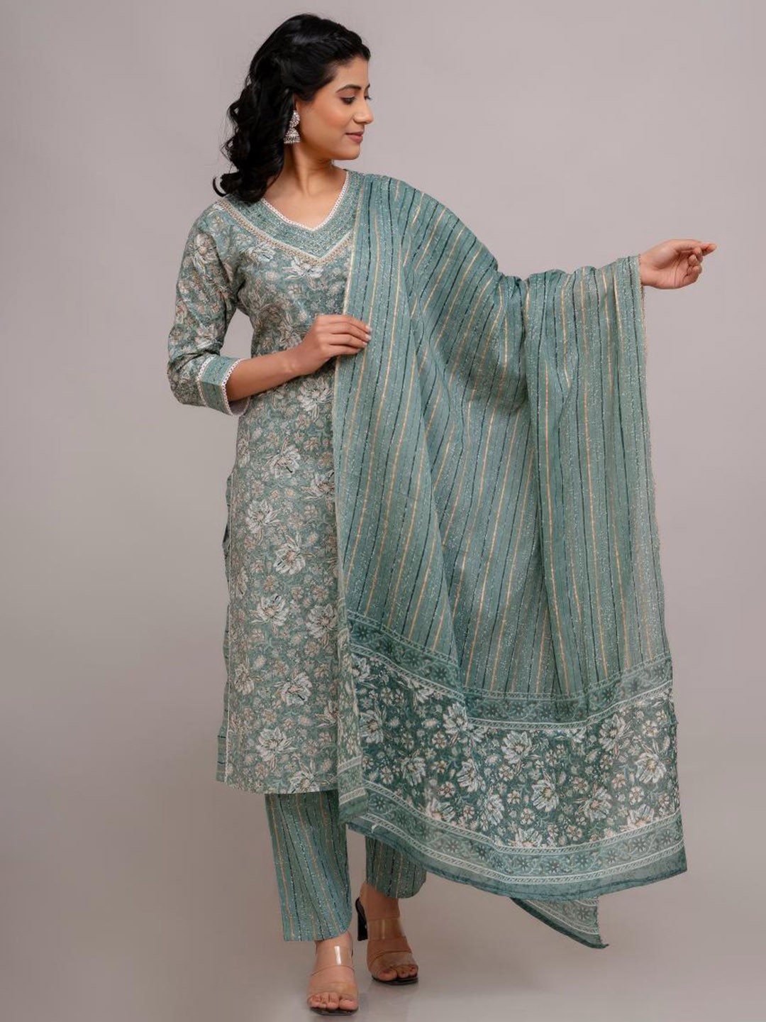

Jasoriya Floral Printed Mirror Work Pure Cotton Straight Kurta with Trousers & Dupatta, Green
