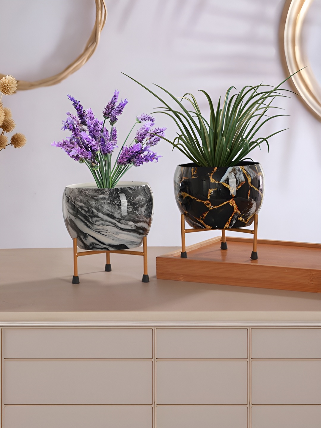 

Homspurts Apple Bowl Planter 2 Pcs Black & Grey Printed Metal Planters