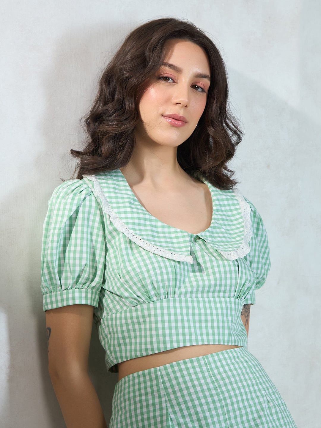 

Virgio Women Cotton Round Neck Crop Length Checks Puff Top, Green