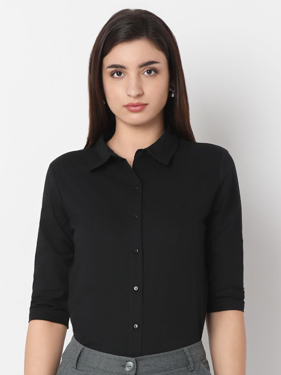 

NOT SO PINK Women Premium Spread Collar Solid Cotton Slim Fit Formal Shirt, Black