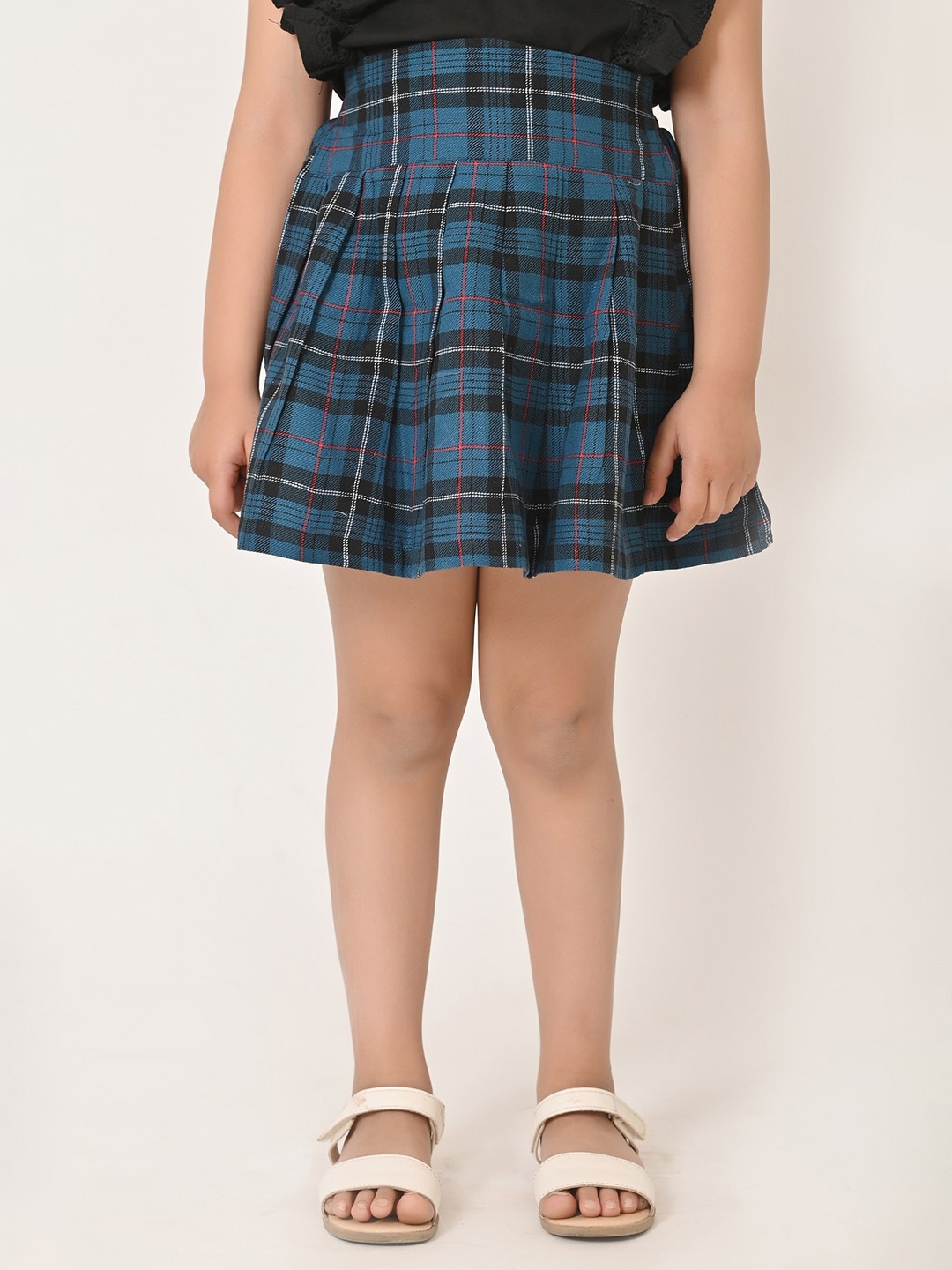 

Cloth Bites Girls Checked Pure Cotton Above Knee Flared Skirt, Blue