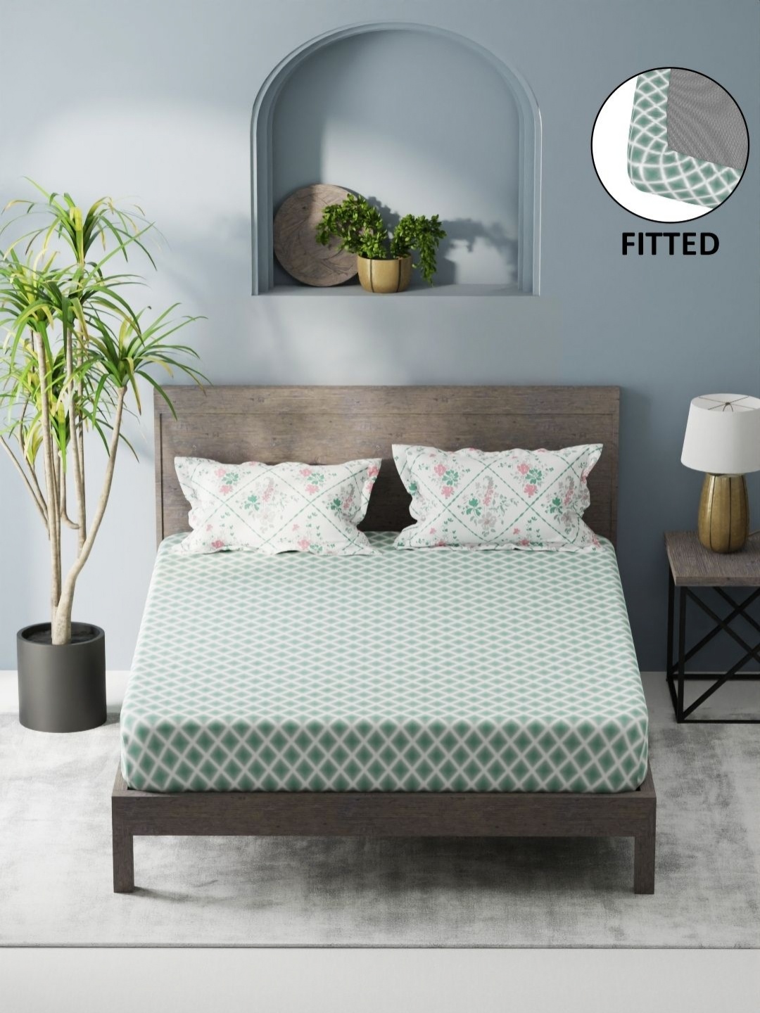 

KOPA Green Printed 200 TC Microfiber Fitted King Bedsheet with 2 Pillow Covers 1.8 x 1.9m