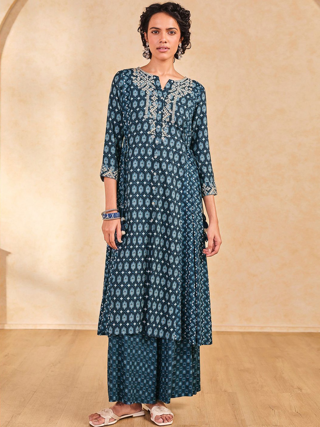 

Global Desi Geometric Printed Thread Work A-Line Kurta, Blue