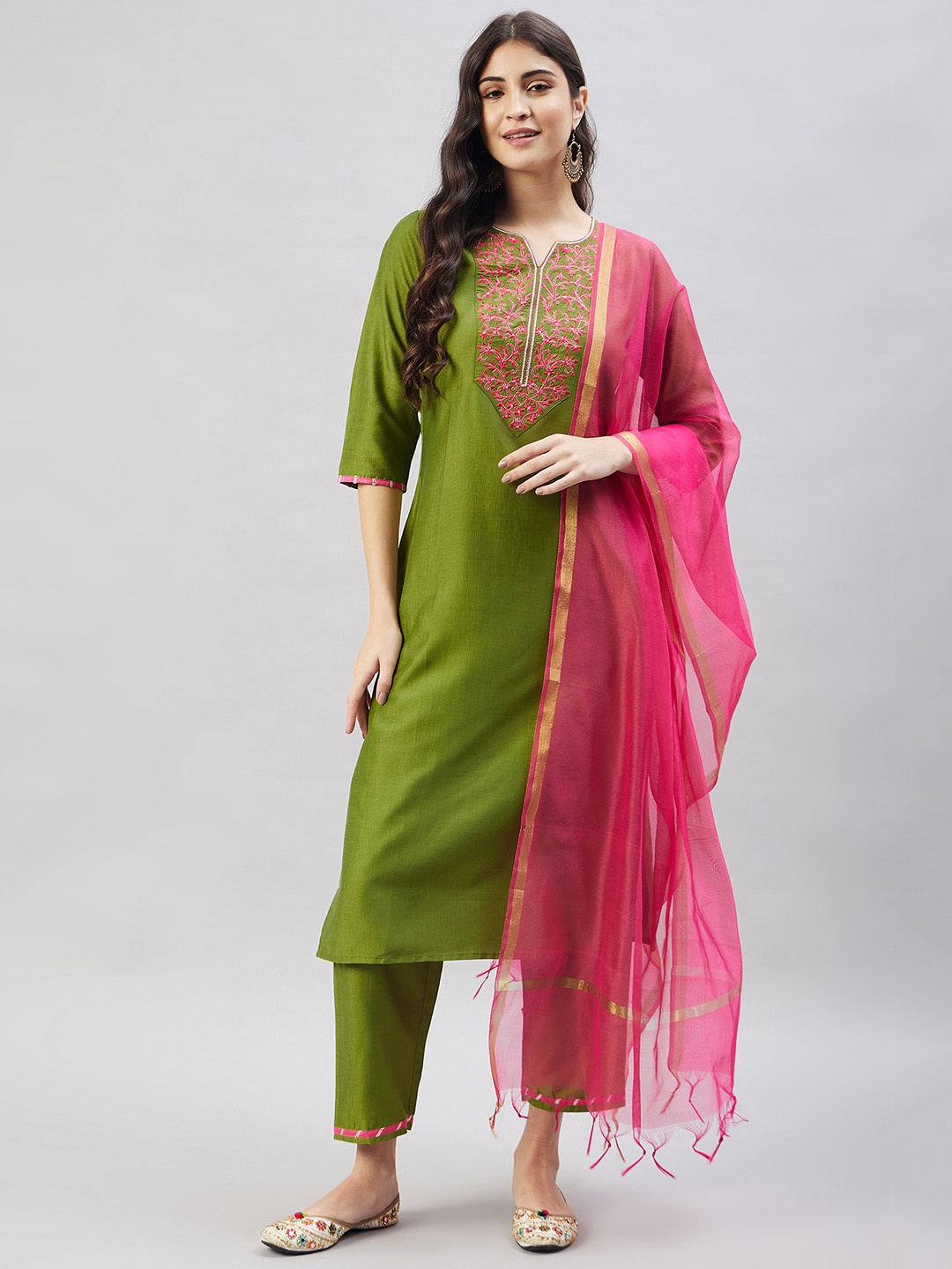 

WineRed Floral Yoke Design Kurta With Trousers & Dupatta, Green