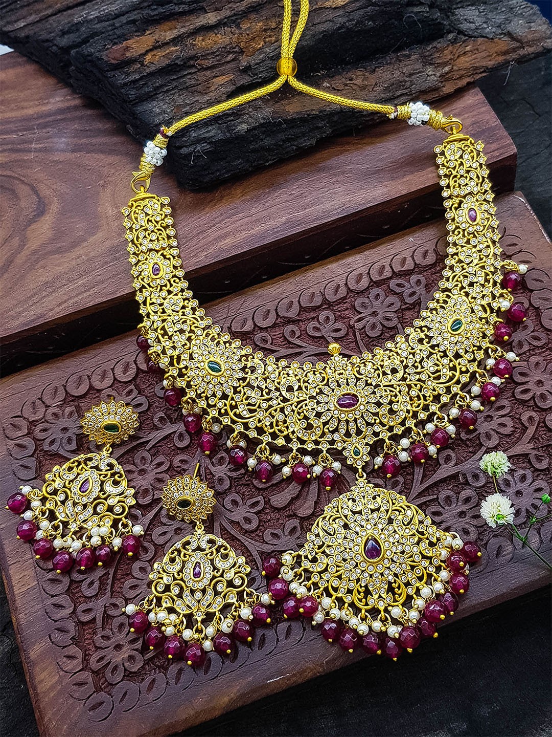 

GRIIHAM Gold Plated CZ Studded & Beaded Necklace & Earrings