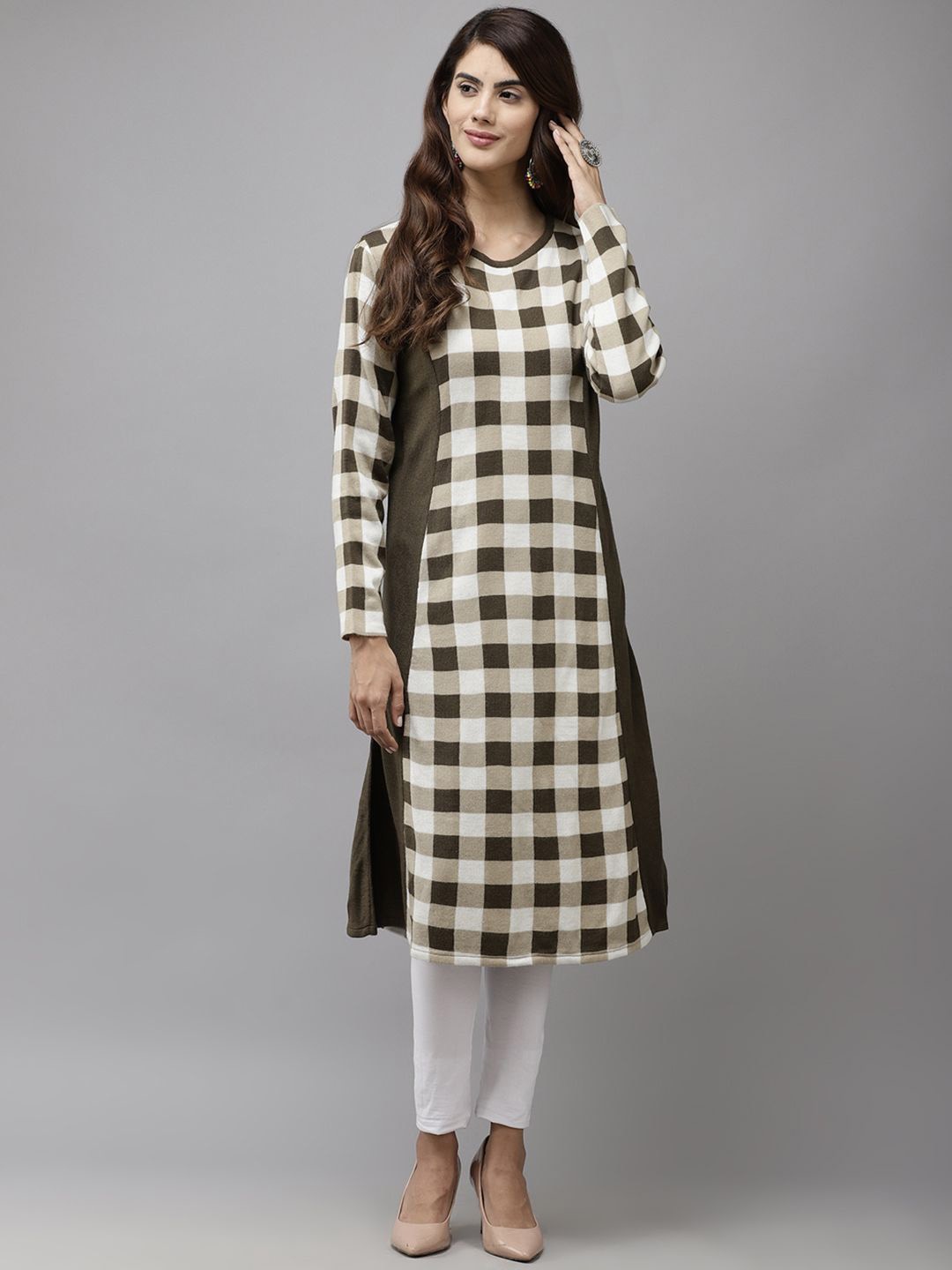 

Cayman Checked Printed Round Neck A-line Kurta, Beige