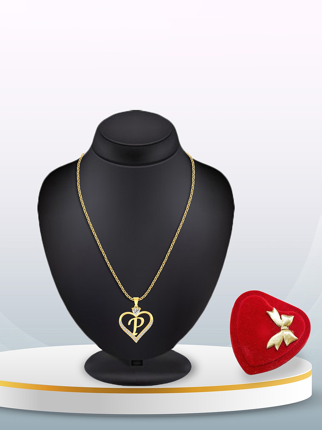 

Heer Collection Gold-Plated CZ Studded Alphabet P Heart Shaped Pendant With Chain
