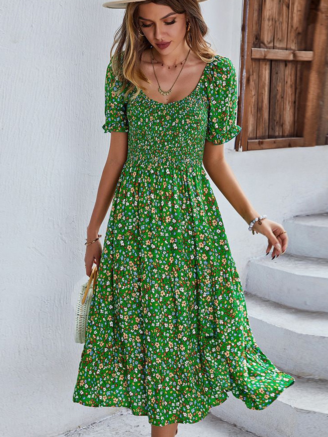 

StyleCast Women Puff Sleeve Floral Print Fit and Flare Midi Dress, Green