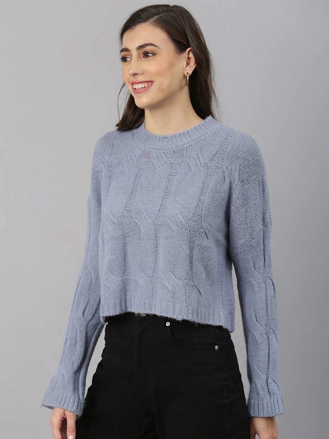 

Xpose Women Cable Knit Round Neck Pullover Sweater, Blue