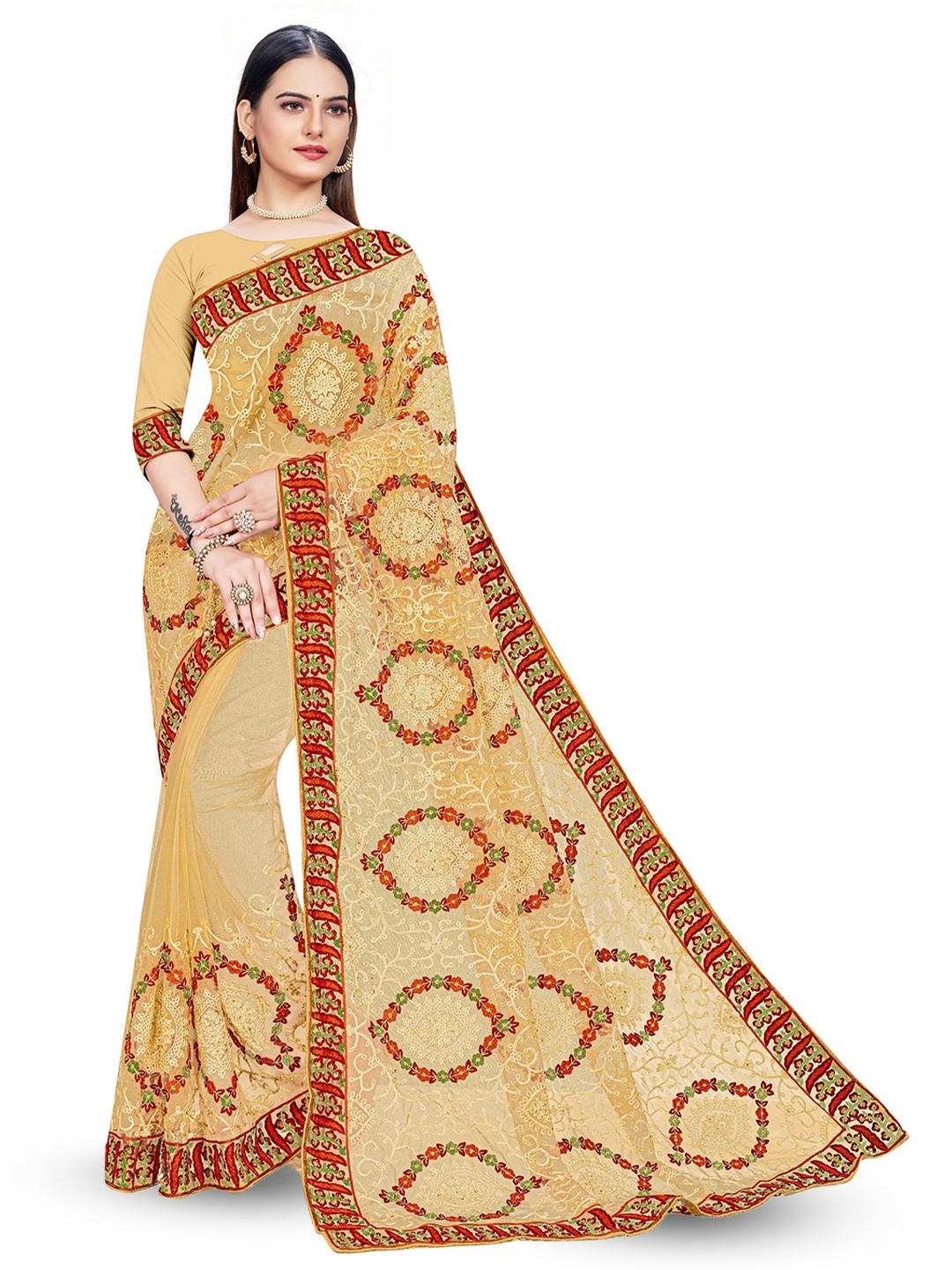 

Maroosh Ethnic Motifs Embroidered Net Saree, Beige