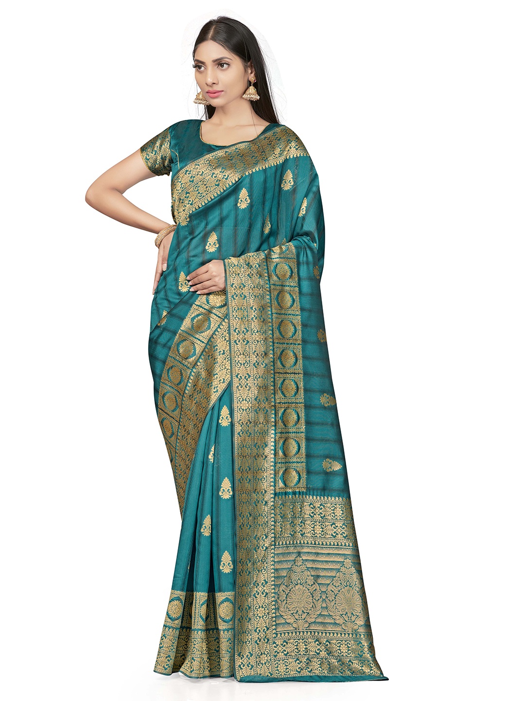 

Maroosh Ethnic Motifs Zari Banarasi Saree, Turquoise blue