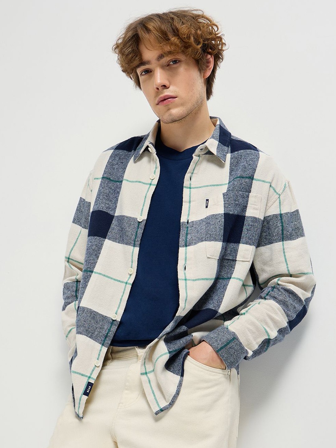 

THE BEAR HOUSE Men Spread Collar Tartan Checked Cotton Relaxed Fit Casual Shirt, Beige