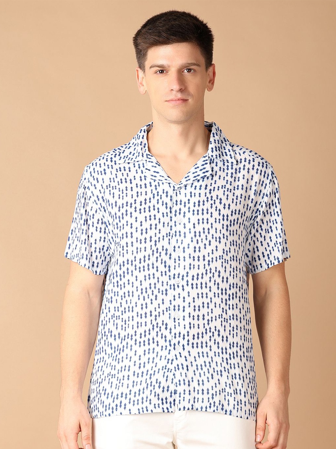 

V-Mart Men Cuban Collar Abstract Printed Casual Shirt, White