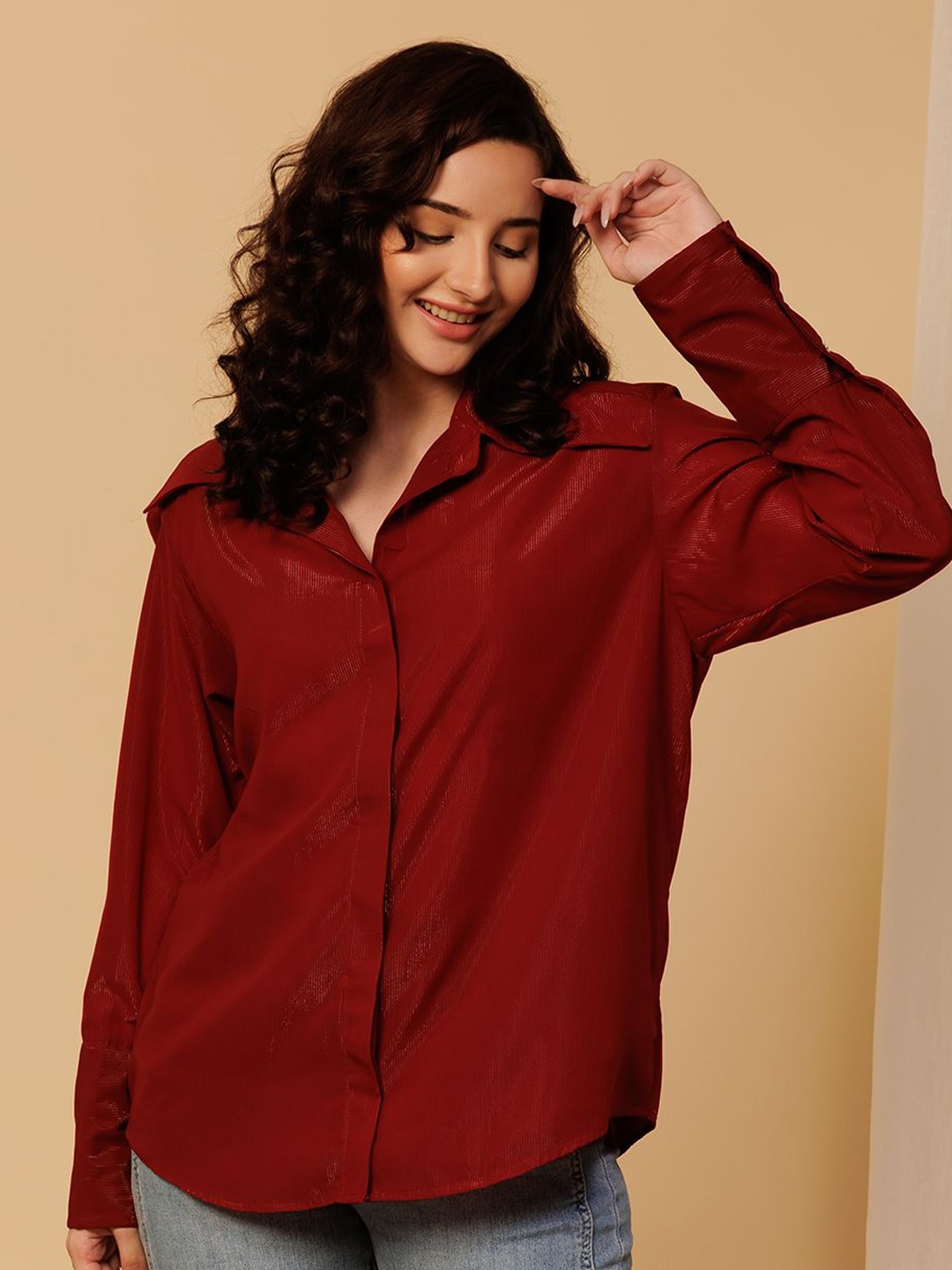 

Urban Sundari Women Classic Spread Collar Solid Cotton Casual Shirt, Maroon