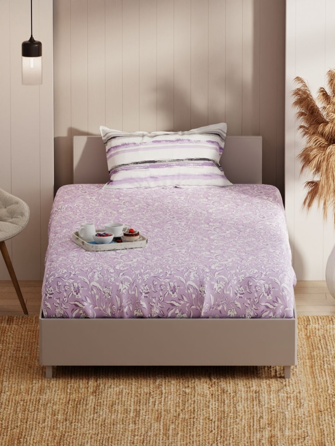 

KOPA Purple Floral 152 TC Microfiber Single Bedsheet & Pillow Cover 1.55 m x 2.36 m