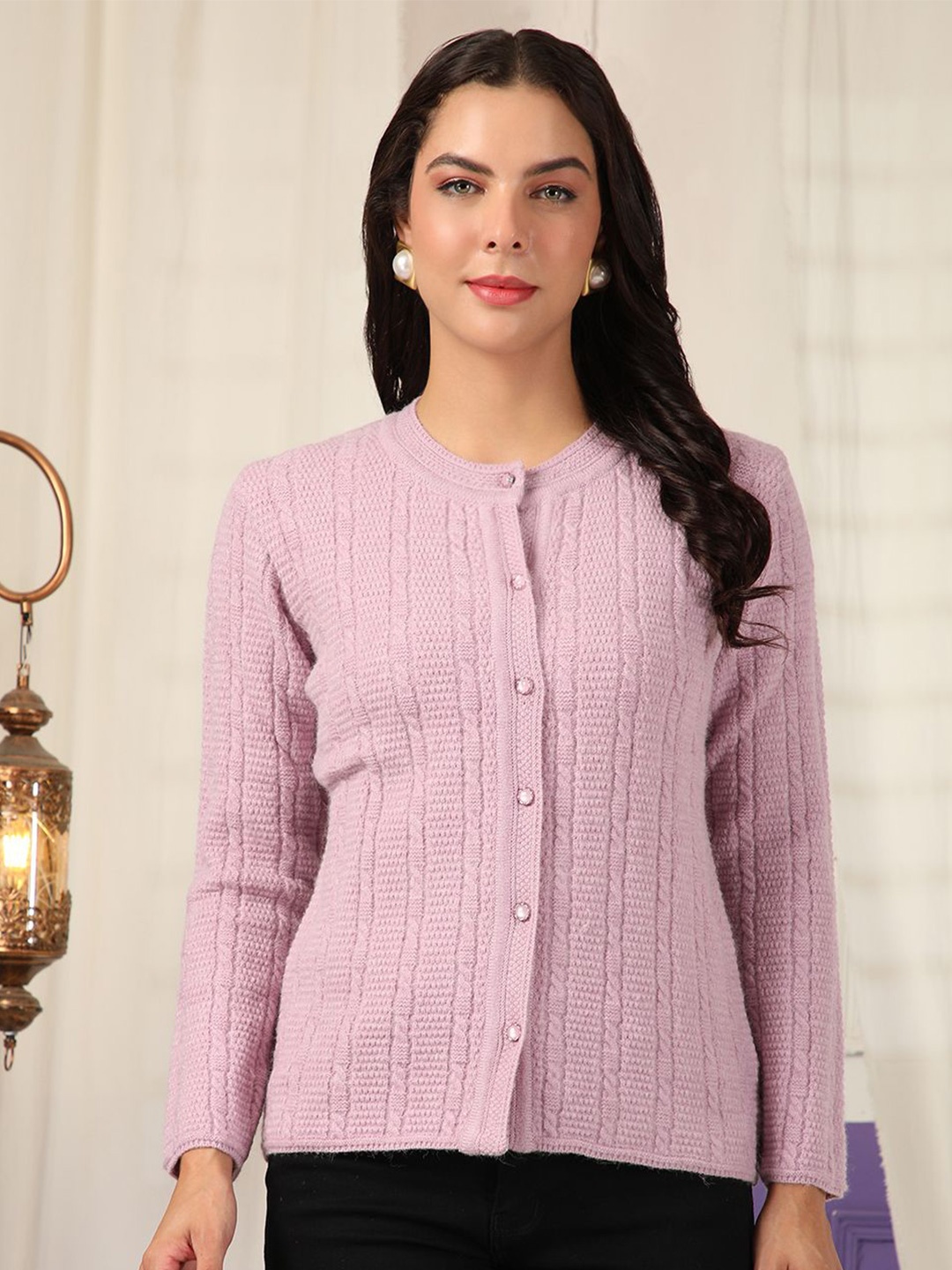 

Cayman Women Self Design Cable Knit Henley Neck Woollen Cardigan Sweater, Lavender