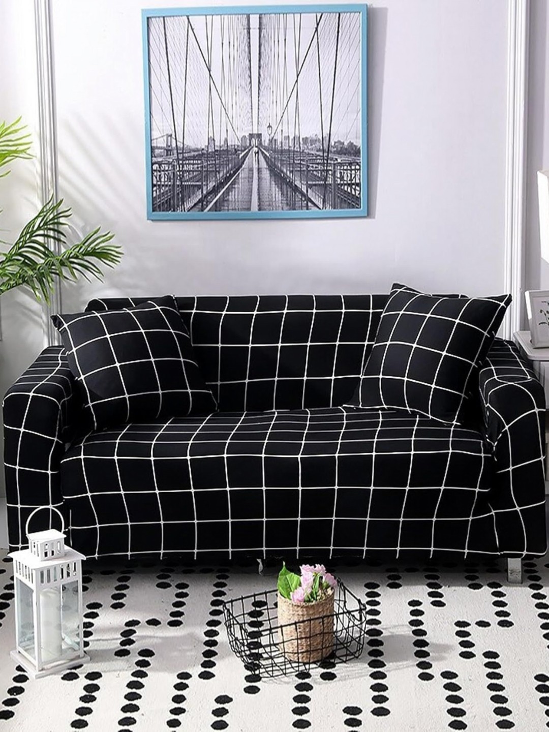 

Lukzer Black Printed Polyester 1 Piece Sofa Cover With Arms