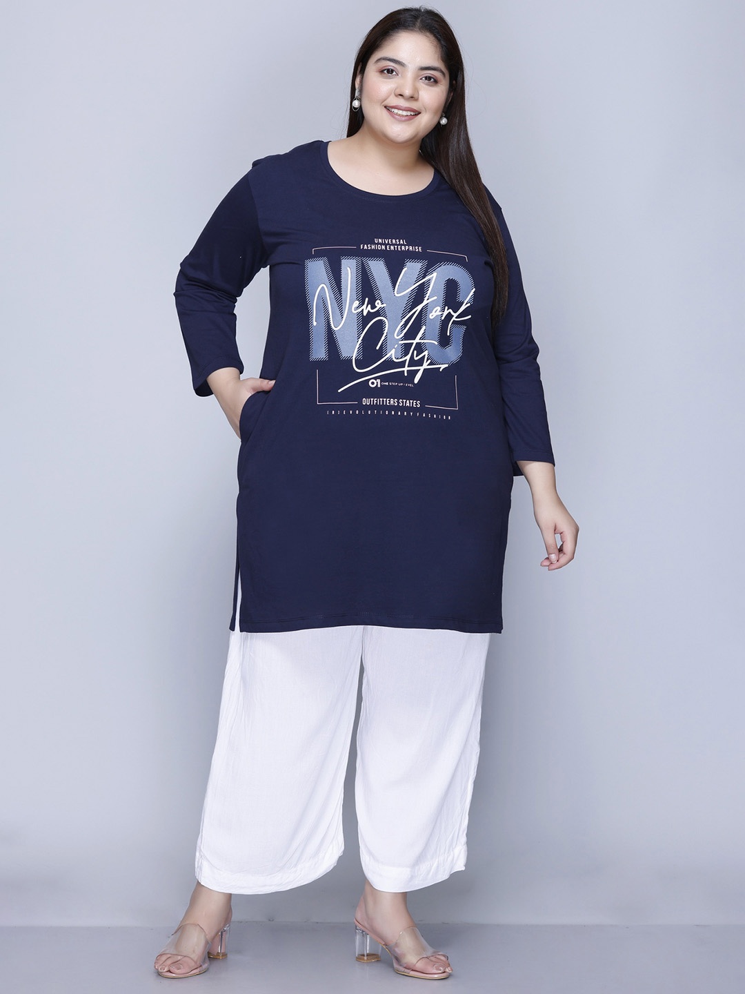 

IN Love Plus Size Printed Long T-Shirt, Navy blue