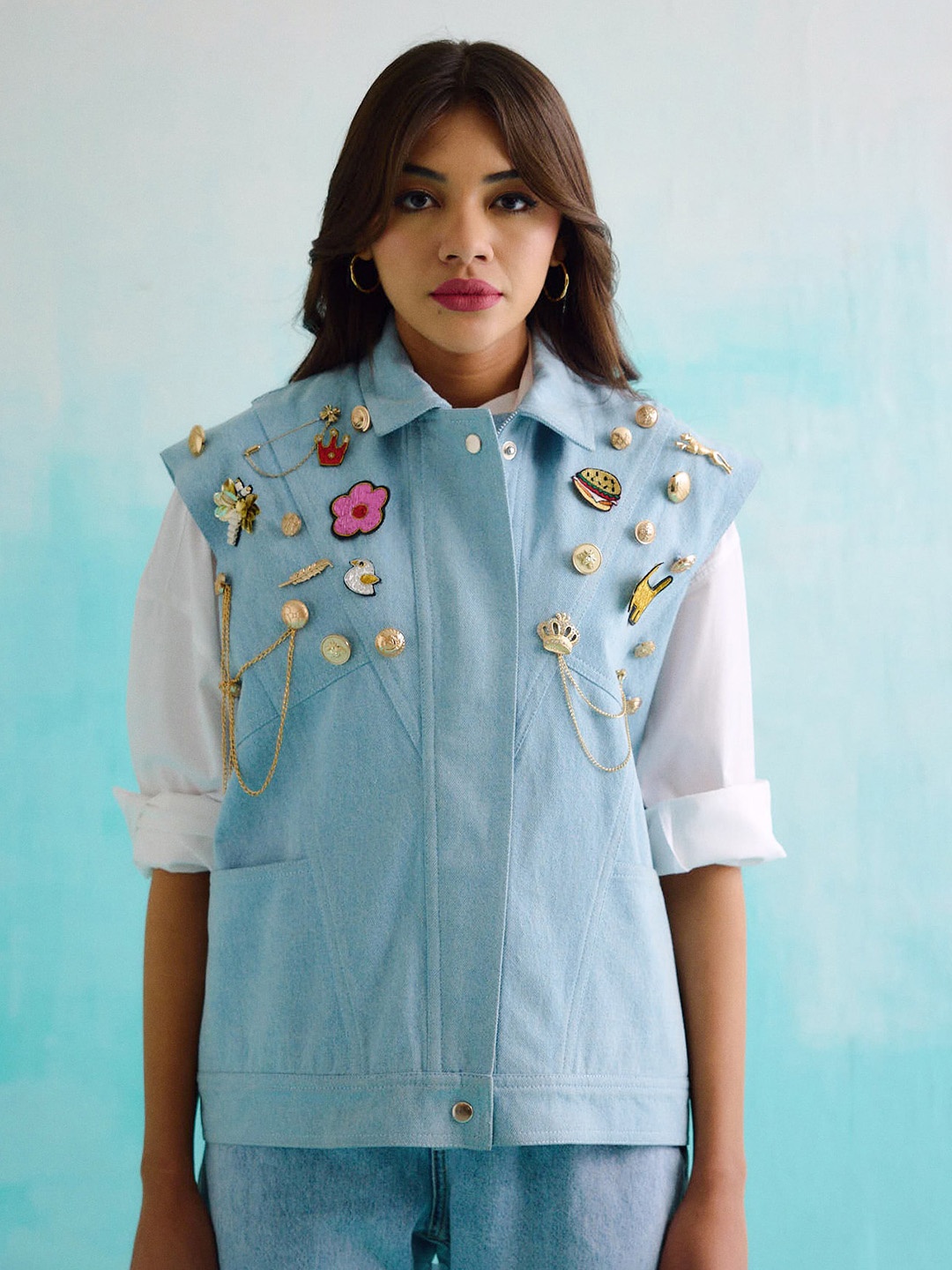 

BETRUE Women Floral Embroidered Studded Spread Collar Denim Jacket, Blue