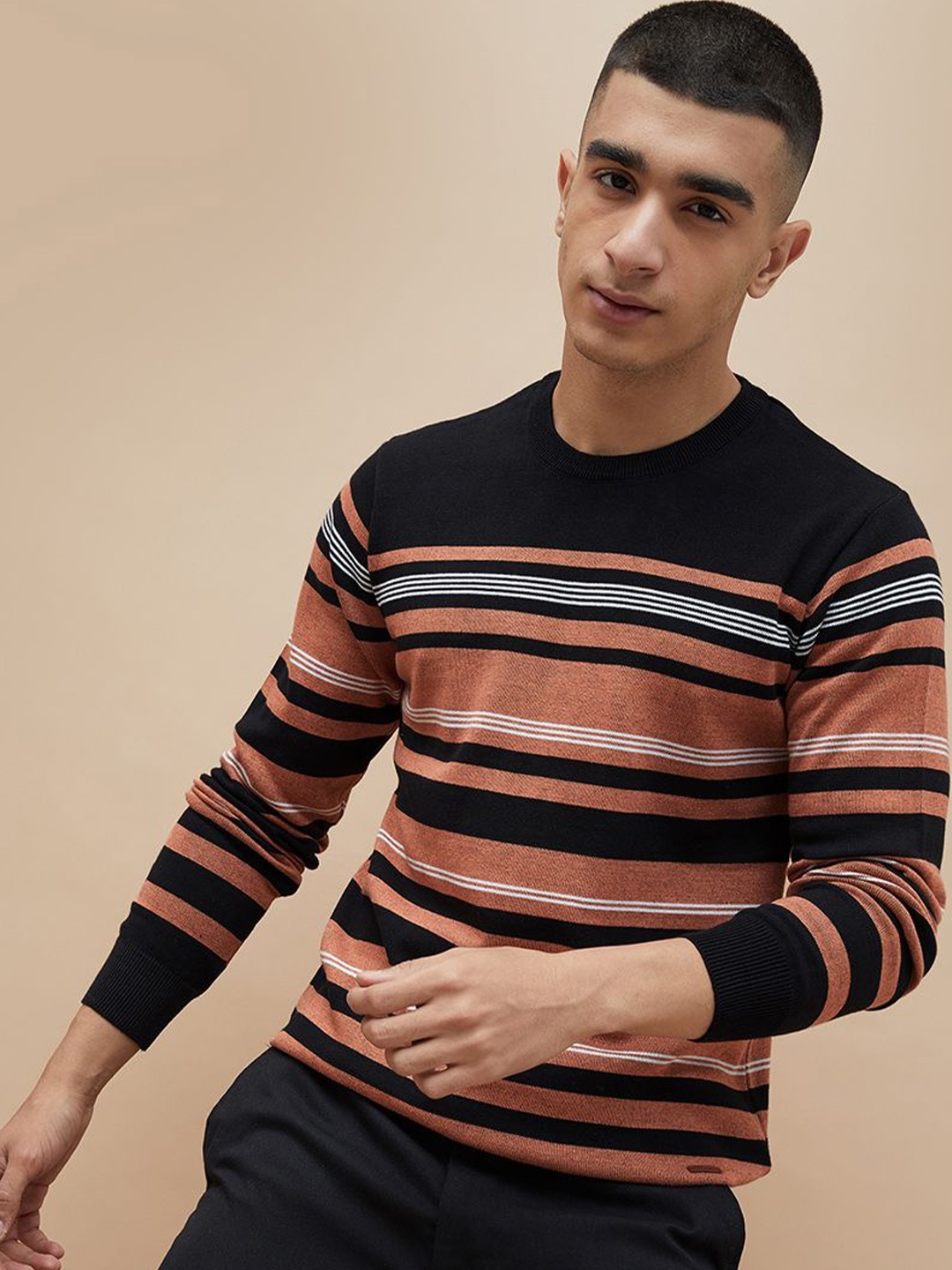 

Fame Forever by Lifestyle Men Striped Round Neck Pullover Sweatshirt, Black