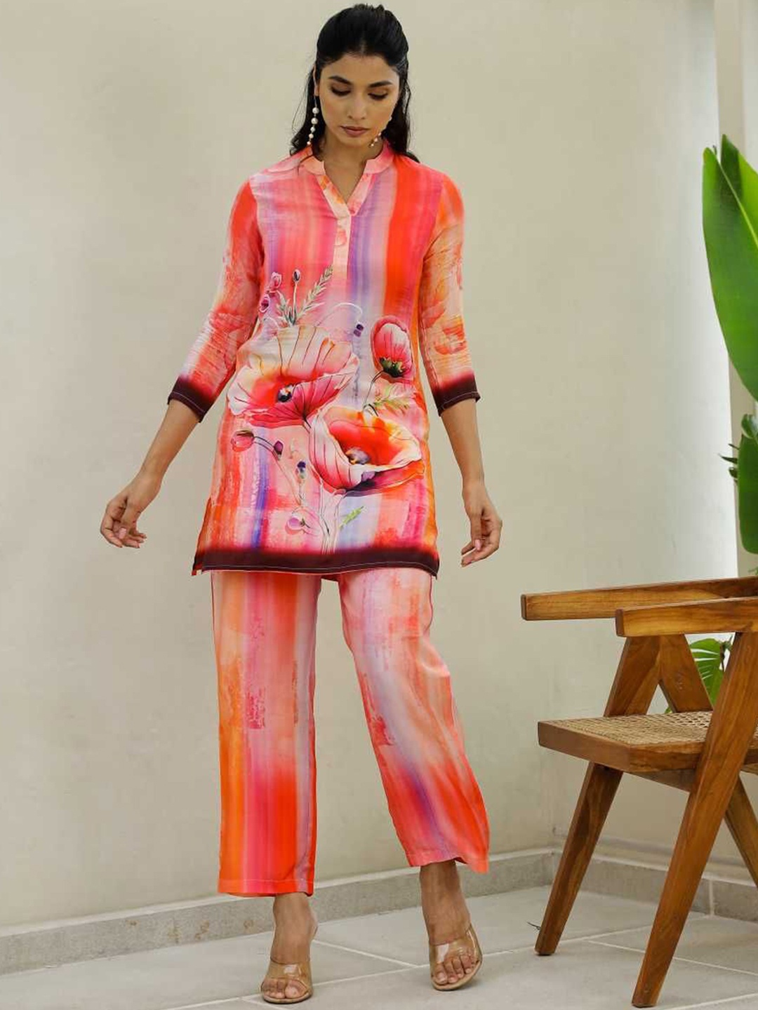 

FLAVIA CREATION Women Floral Printed Tunic With Trousers Co-Ords, Orange