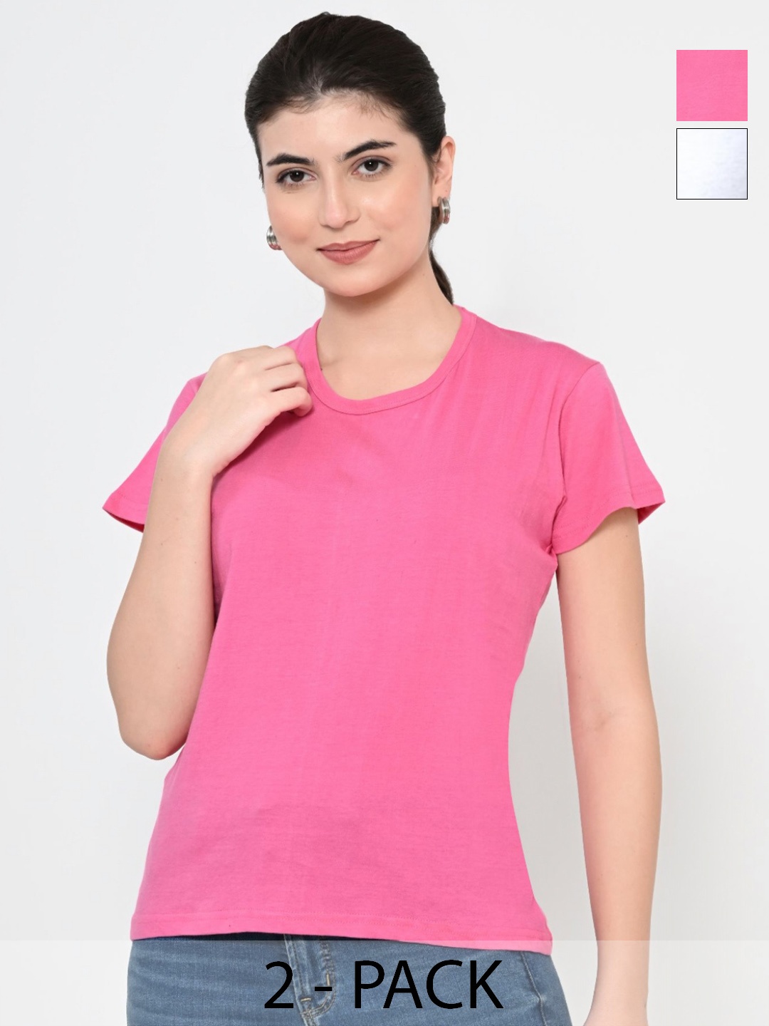 

BAESD Women Pack Of 2 Solid Round Neck Cotton T-shirts, Pink