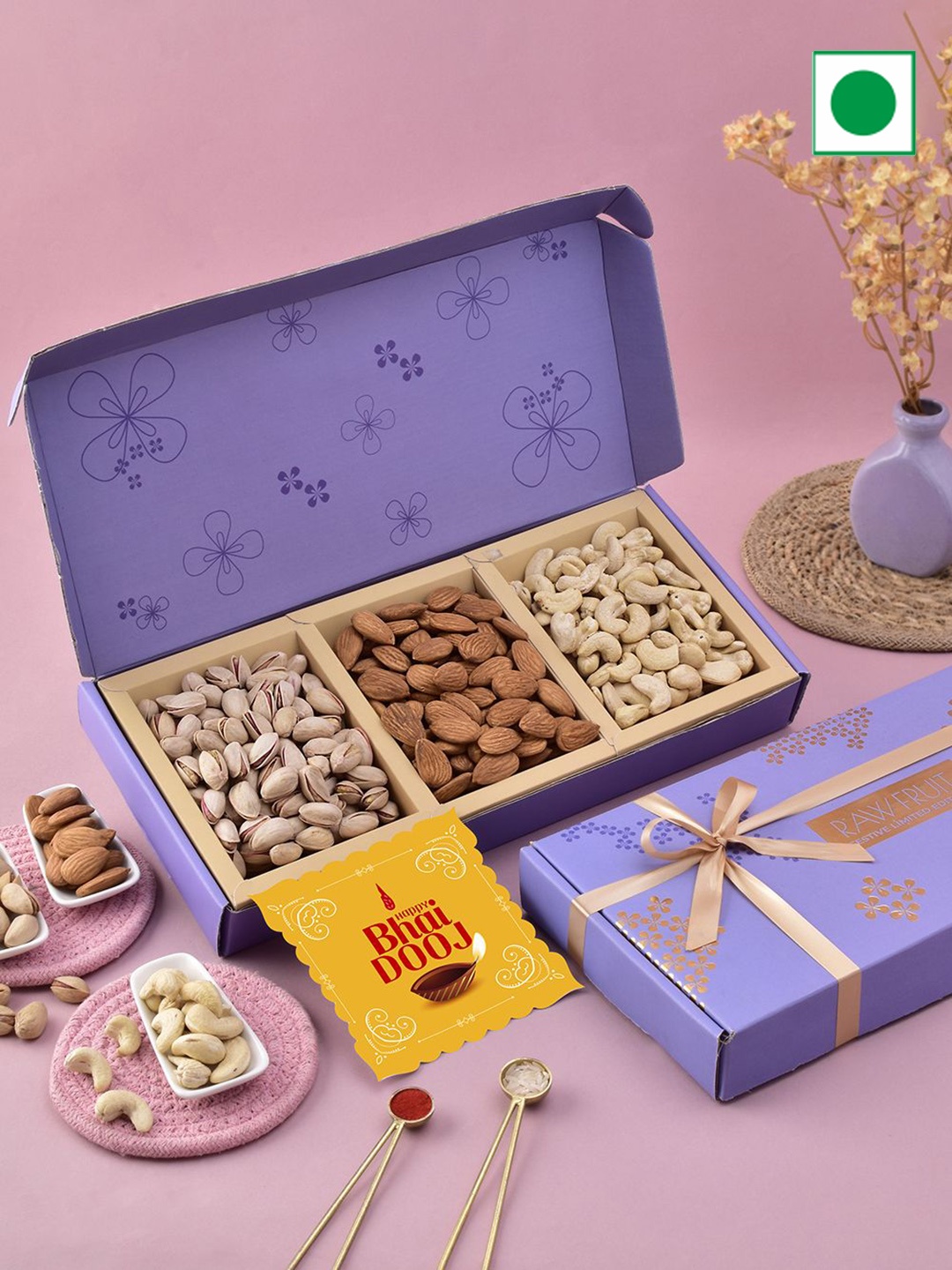 

RawFruit Bhai Dooj Dry Fruits Gift Box With Roli And Chawal, Purple