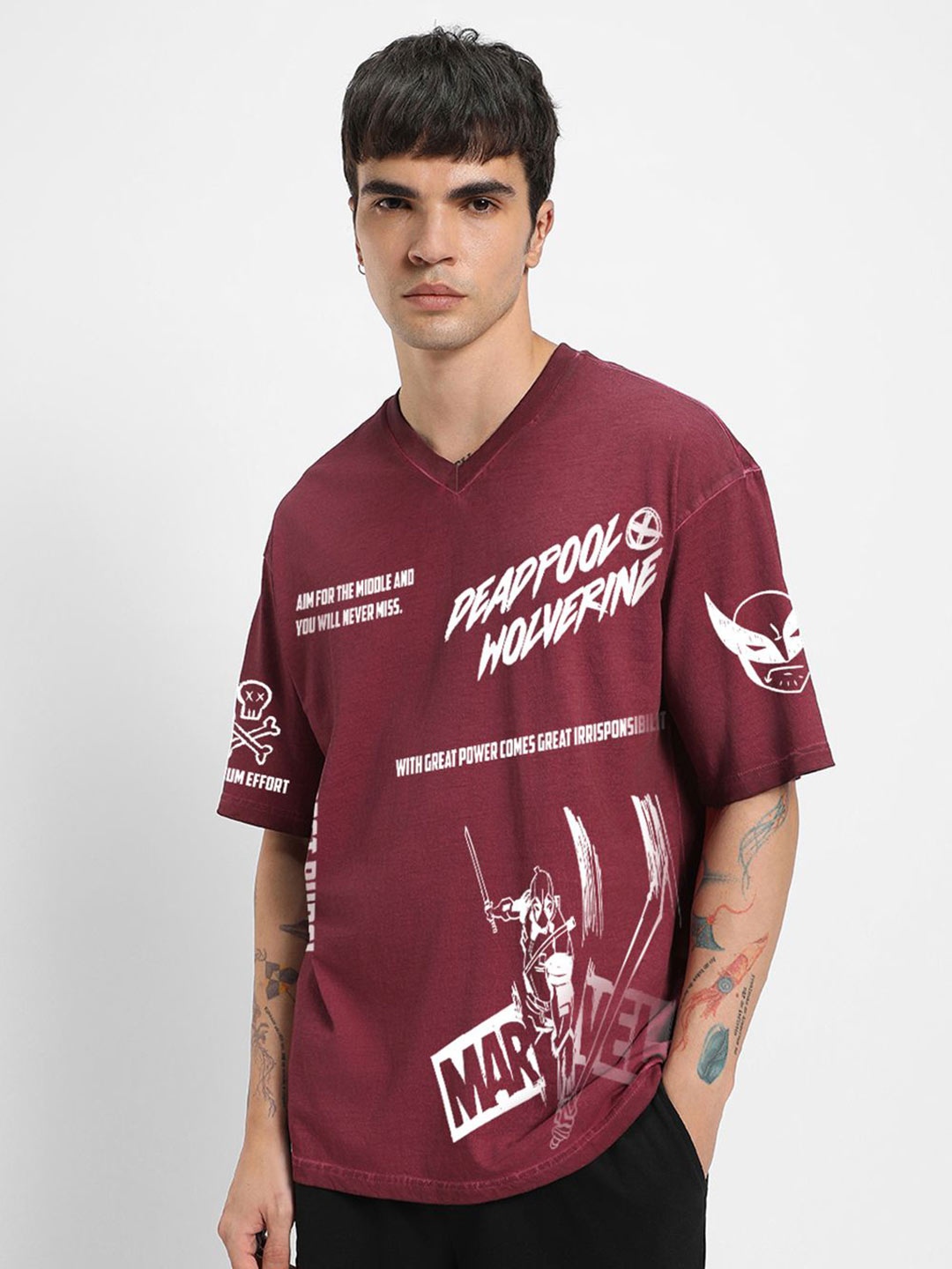 

Bewakoof Men Deadpool Typography Printed V-Neck Cotton Oversized T-shirt, Maroon