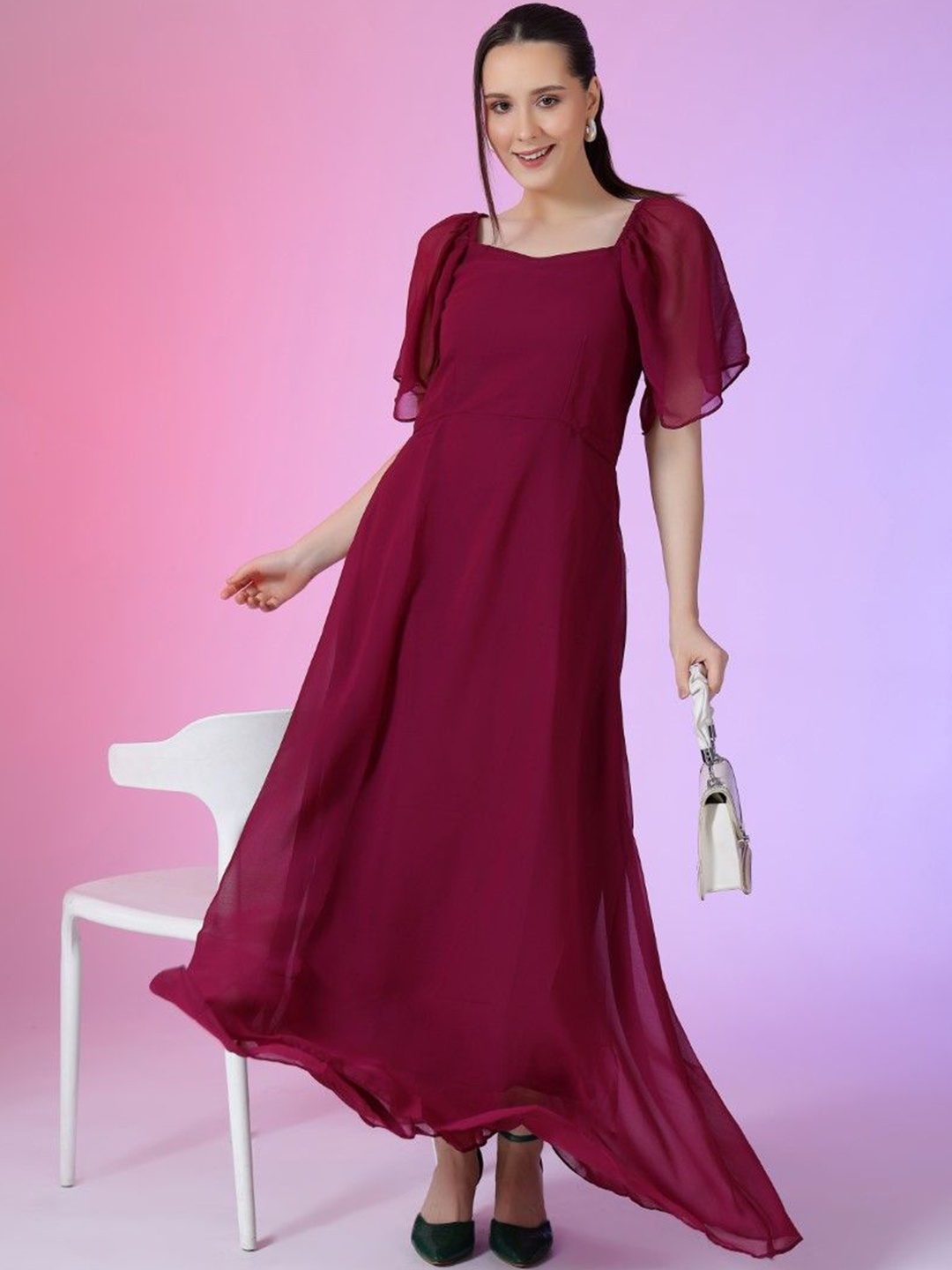 

Raiyani Enterprise Women Bell Sleeve Georgette Fit & Flare Maxi Dress, Magenta