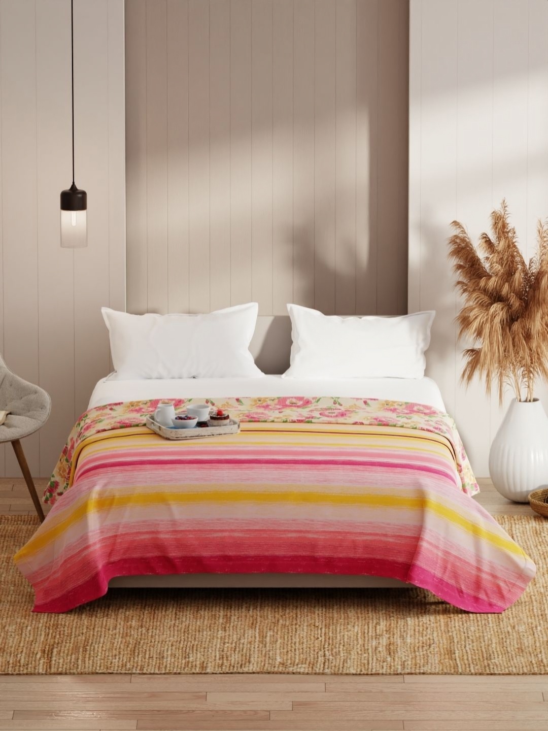 

KOPA Pink & Yellow Striped Microfiber AC Room 150 GSM Double Bed Dohar