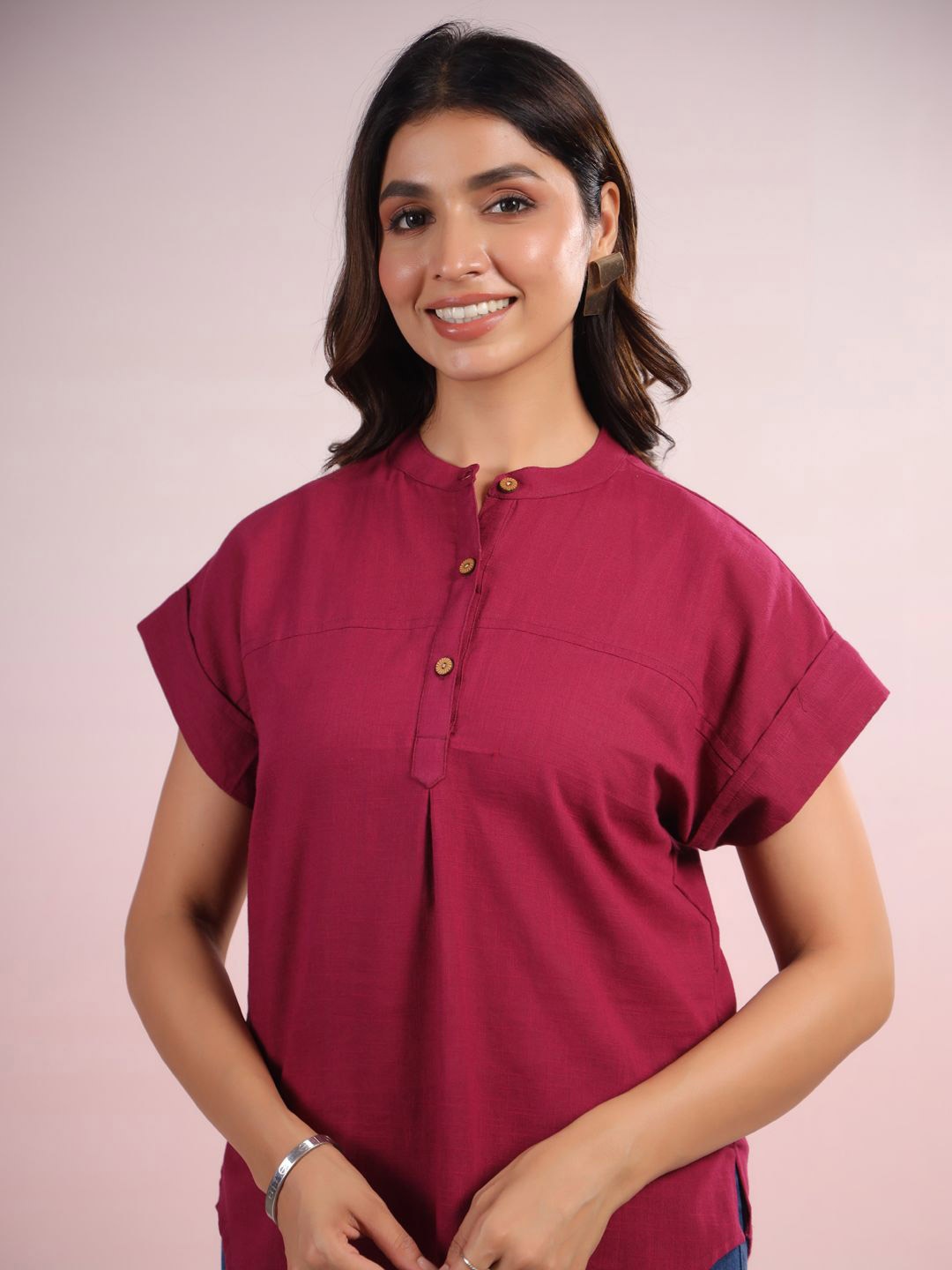 

LYFJ Women Solid Mandarin Collar Cotton Top, Maroon