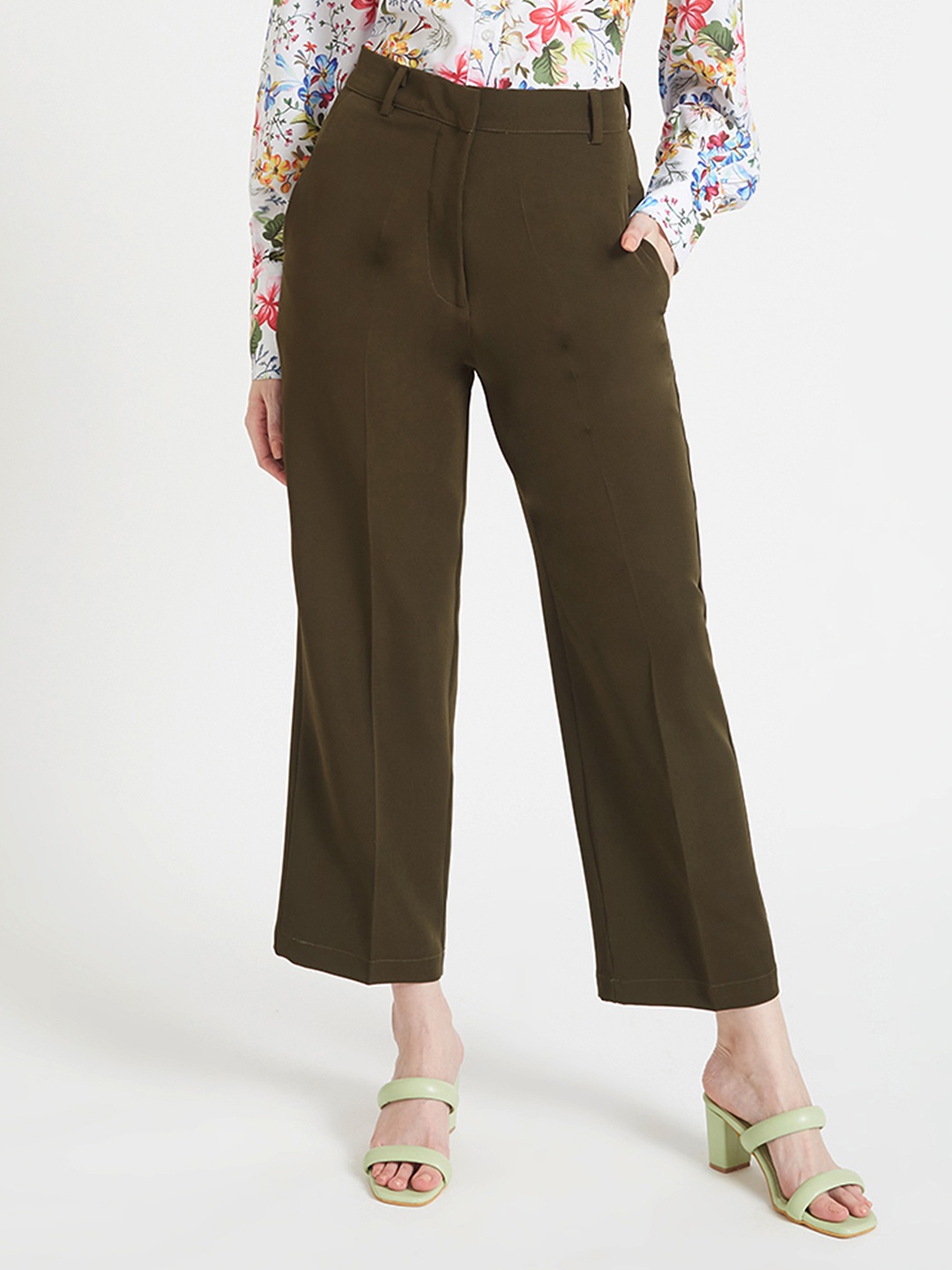

AMSWAN Women Smart Straight Fit High-Rise Trousers, Olive