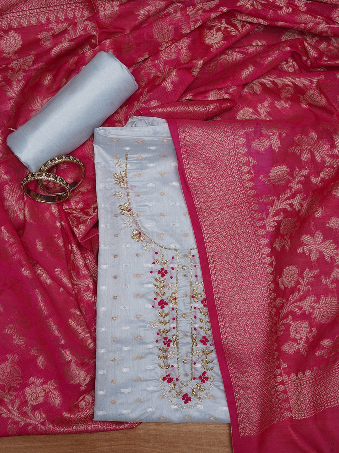 

Jaipur Kurti Unstitched Silk Blend Embellished Dress Material With Dupatta, Blue