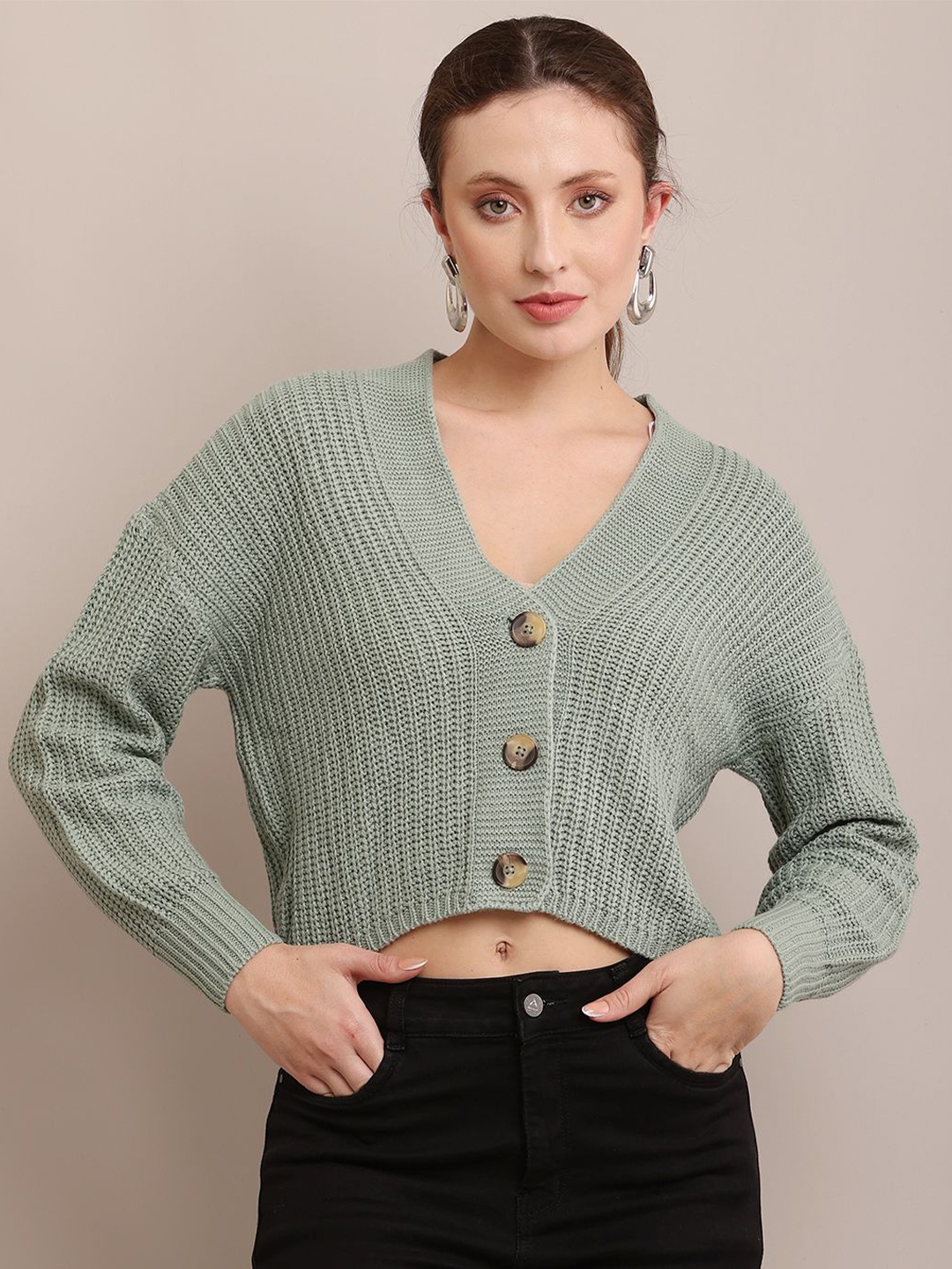

NoBarr Women Cable Knit V-Neck Cardigan Sweater, Green