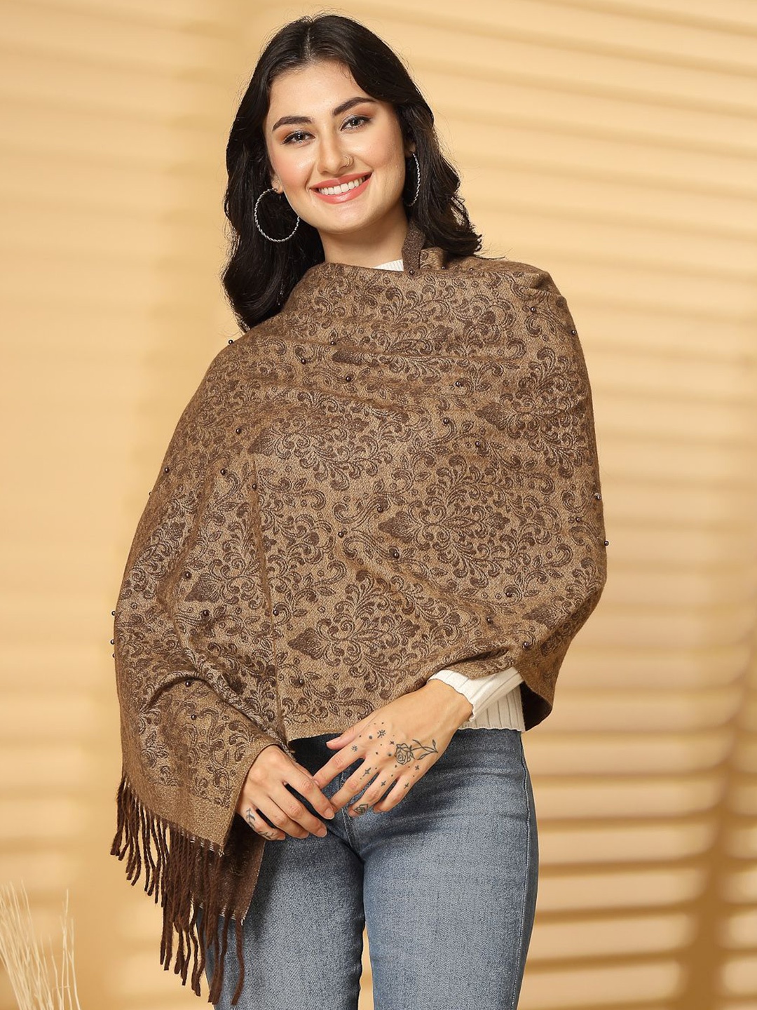 

Mafadeny Women Ethnic Motifs Woven Design Stole, Brown