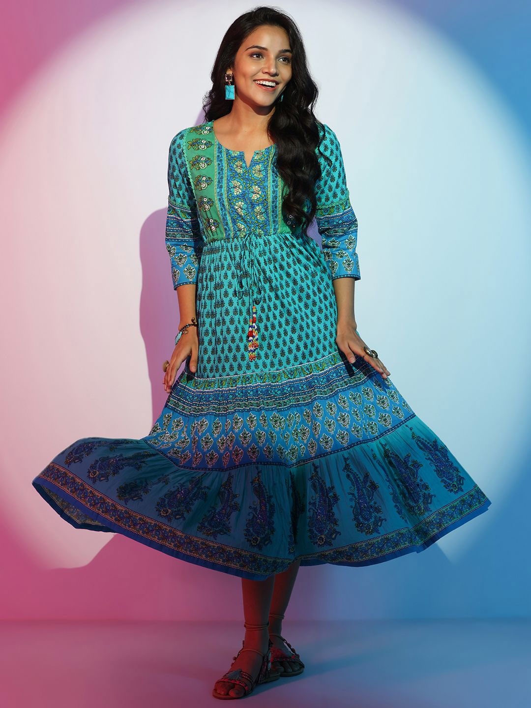 

Libas Women Floral Printed Layered Fit & Flare Cotton Midi Dress, Green