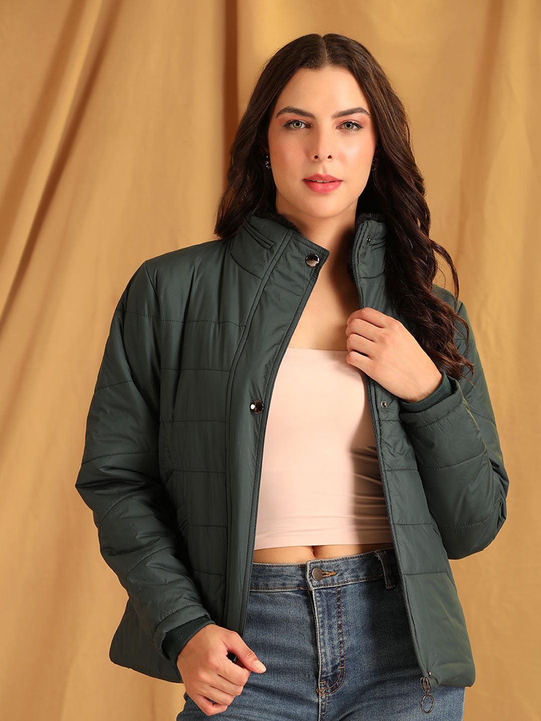

Cayman Women Mock Collar Solid Casual Quilted Jacket, Green