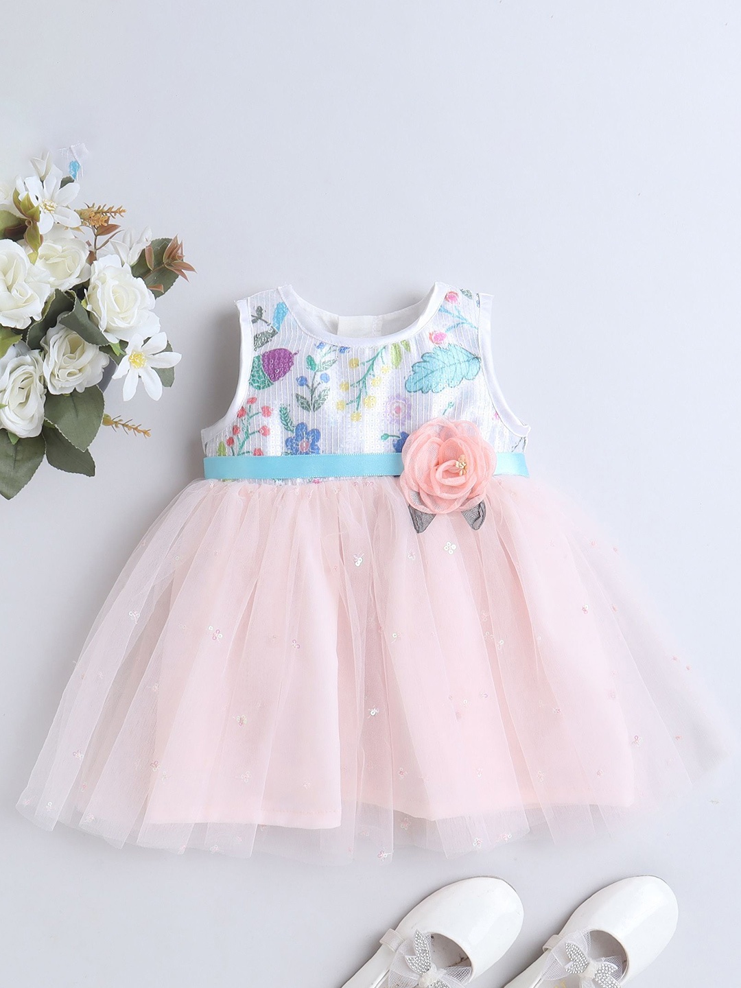 

MANY FROCKS & Girls Printed Net Fit & Flare Dress, Pink