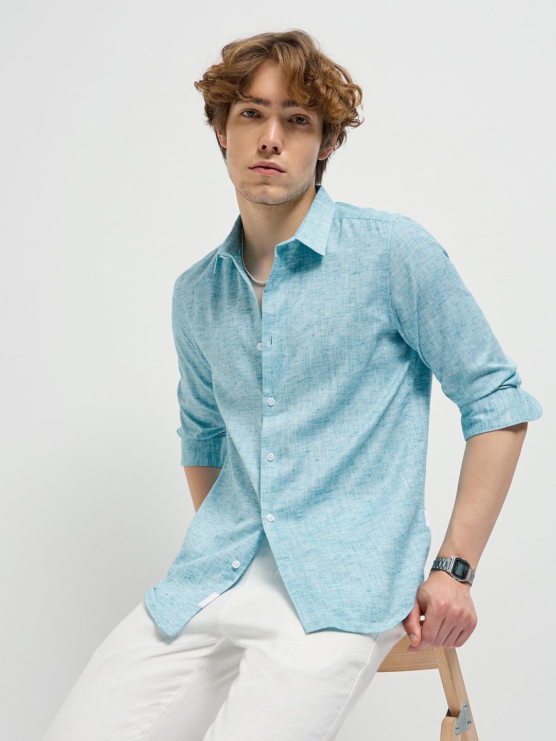 

THE BEAR HOUSE Men Spread Collar Solid Casual Shirt, Blue