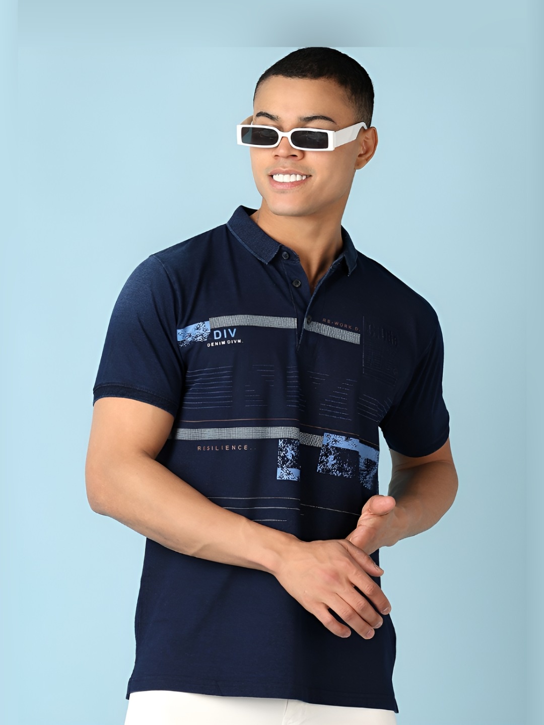 

V-Mart Men Graphic Printed Polo Collar Cotton T-shirt, Blue