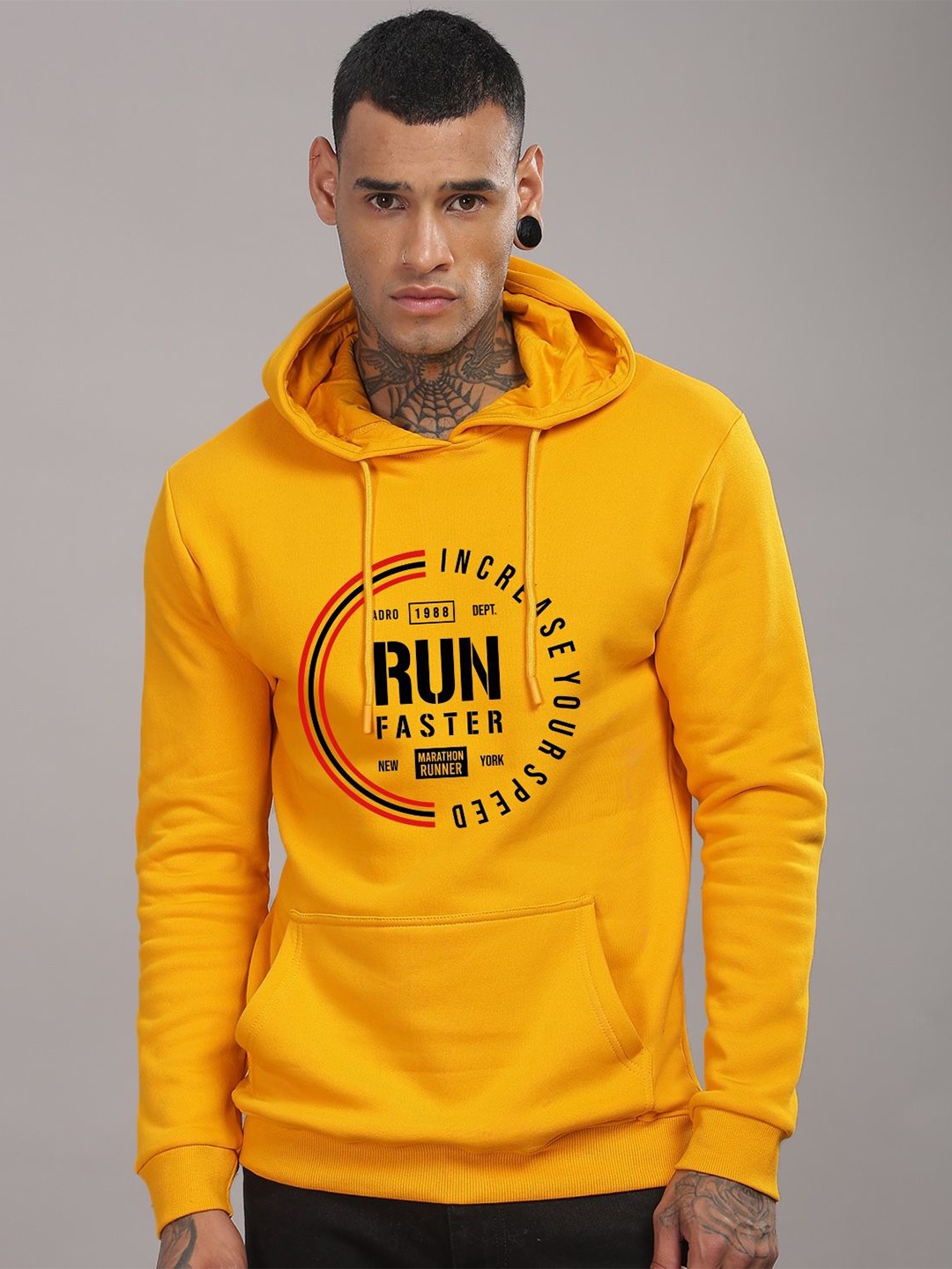 

ADRO Men Typography Printed Hood Cotton Pullover Sweatshirt, Mustard